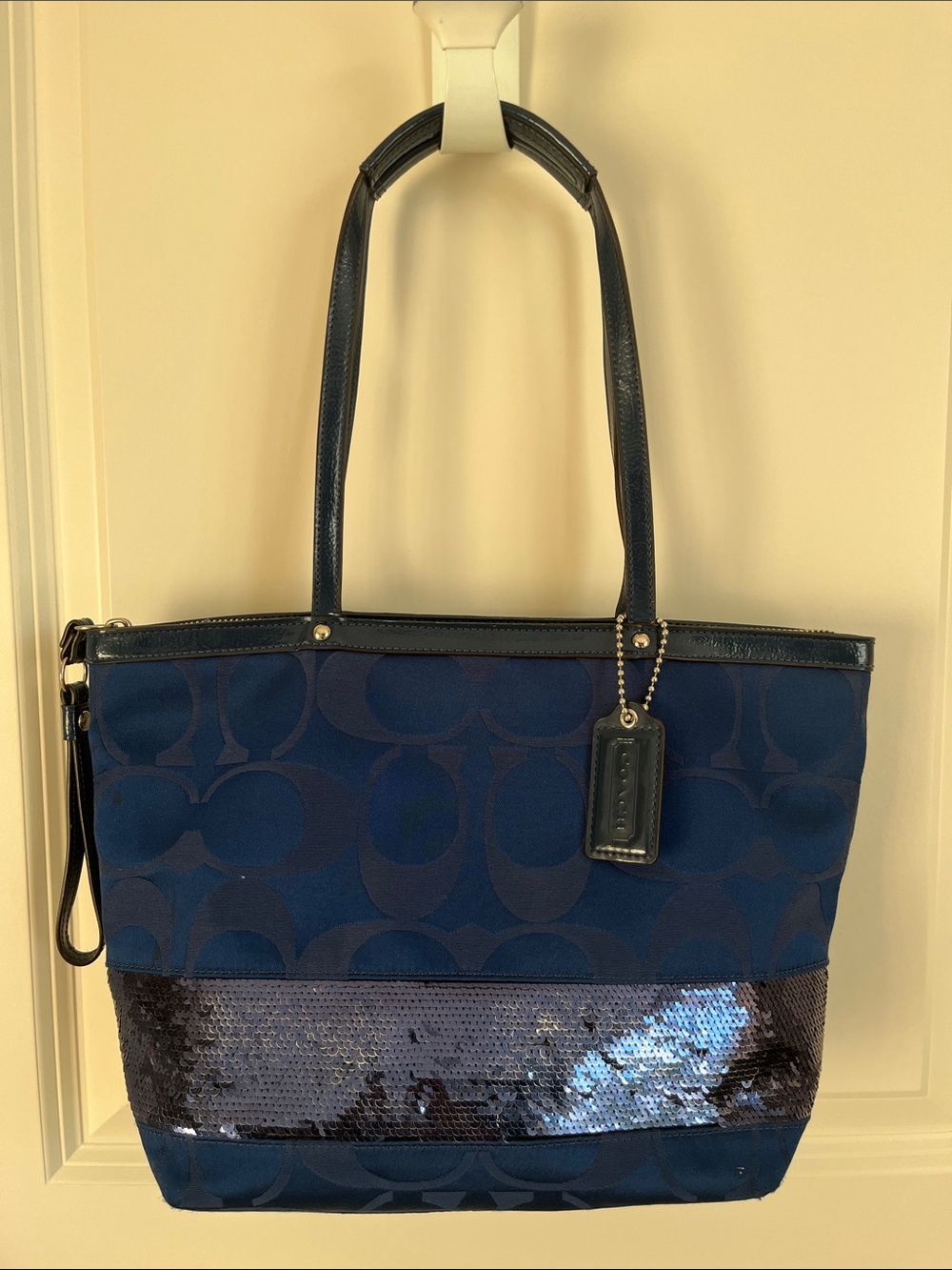 Coach Signature Stripe Sequin in  Blue Sateen Tote (Style F17574)